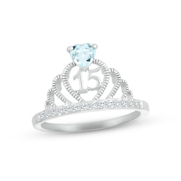 Aquamarine & White Lab-Created Sapphire Quinceañera Crown Ring Sterling Silver