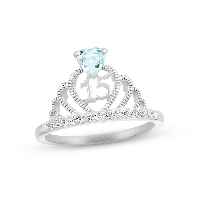 Aquamarine & White Lab-Created Sapphire Quinceañera Crown Ring Sterling Silver