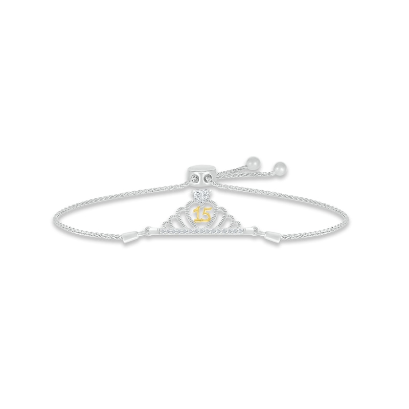 Main Image 1 of White Lab-Created Sapphire Quinceañera Crown Bolo Bracelet Sterling Silver & 10K Yellow Gold