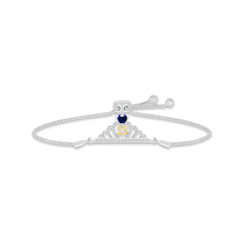 Blue & White Lab-Created Sapphire Quinceañera Crown Bolo Bracelet Sterling Silver & 10K Yellow Gold
