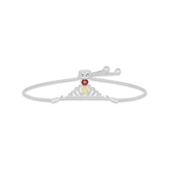 Garnet & White Lab-Created Sapphire Quinceañera Crown Bolo Bracelet Sterling Silver & 10K Yellow Gold