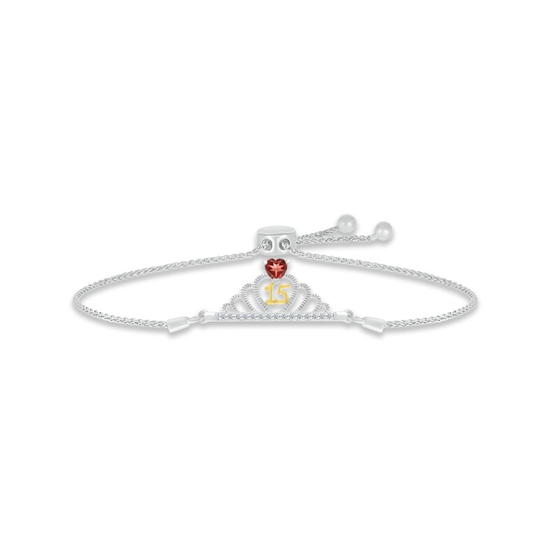 Main Image 1 of Garnet & White Lab-Created Sapphire Quinceañera Crown Bolo Bracelet Sterling Silver & 10K Yellow Gold