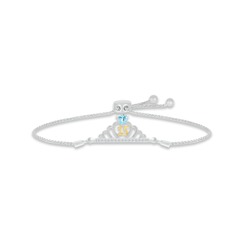 Swiss Blue Topaz & White Lab-Created Sapphire Quinceañera Crown Bolo Bracelet Sterling Silver & 10K Yellow Gold