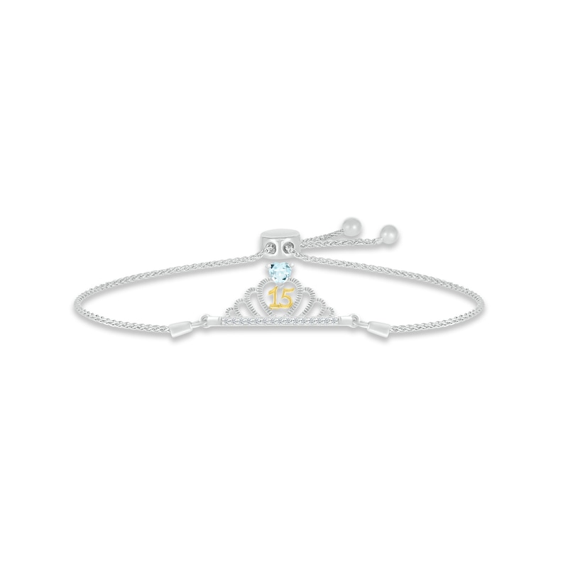 Aquamarine & White Lab-Created Sapphire Quinceañera Crown Bolo Bracelet Sterling Silver & 10K Yellow Gold
