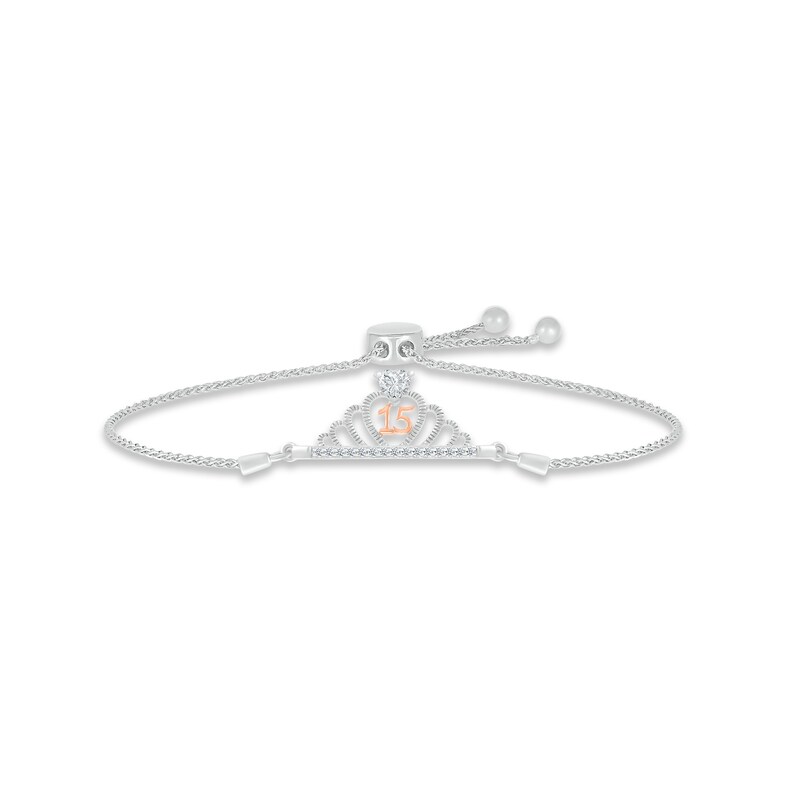 Main Image 1 of White Lab-Created Sapphire Quinceañera Crown Bolo Bracelet Sterling Silver & 10K Rose Gold