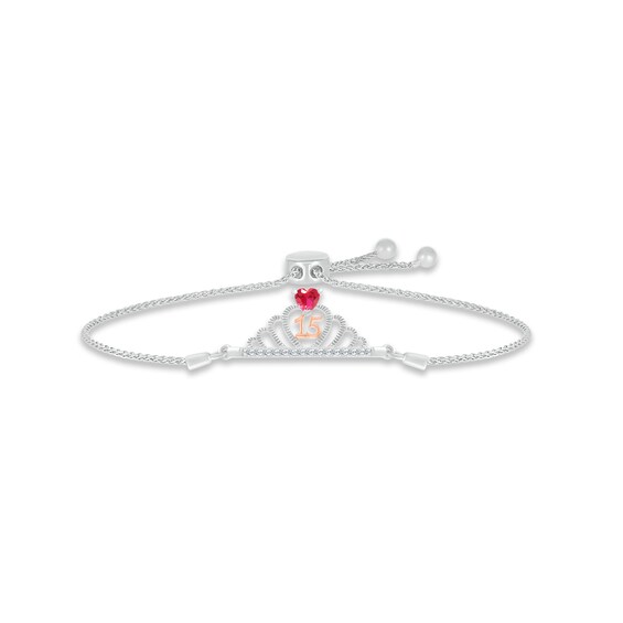Lab-Created Ruby & White Lab-Created Sapphire Quinceañera Crown Bolo Bracelet Sterling Silver & 10K Rose Gold