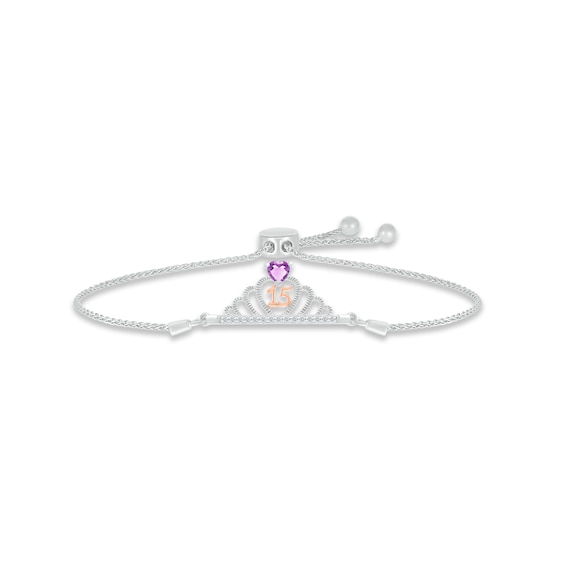 Amethyst & White Lab-Created Sapphire Quinceañera Crown Bolo Bracelet Sterling Silver & 10K Rose Gold