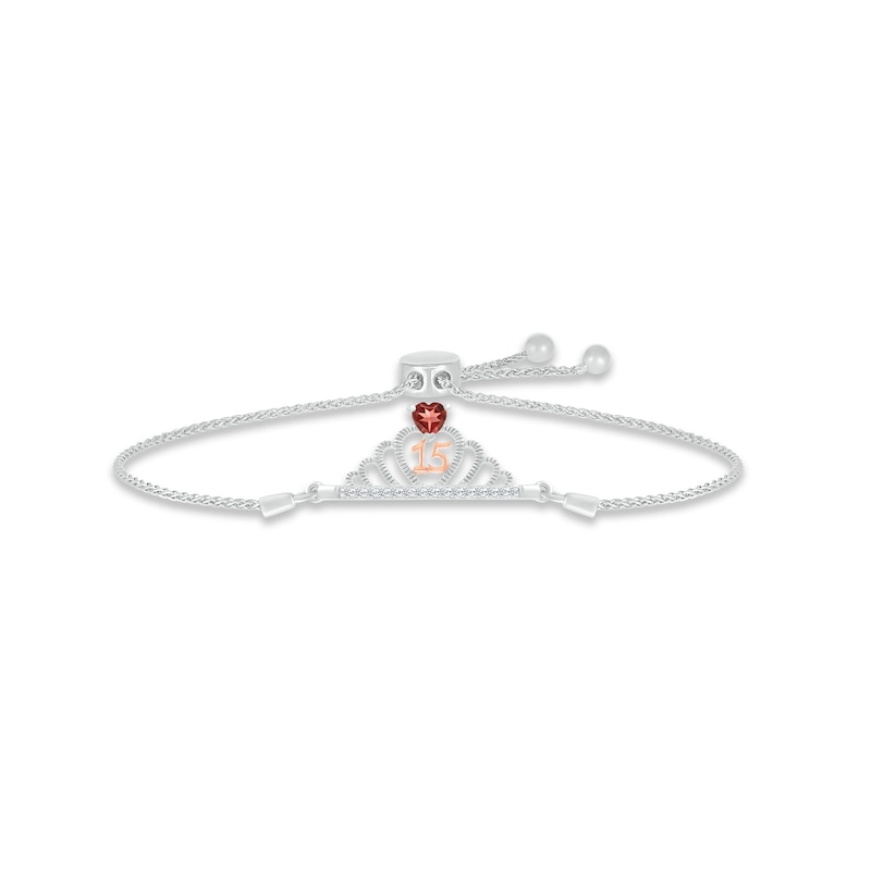 Main Image 1 of Garnet & White Lab-Created Sapphire Quinceañera Crown Bolo Bracelet Sterling Silver & 10K Rose Gold
