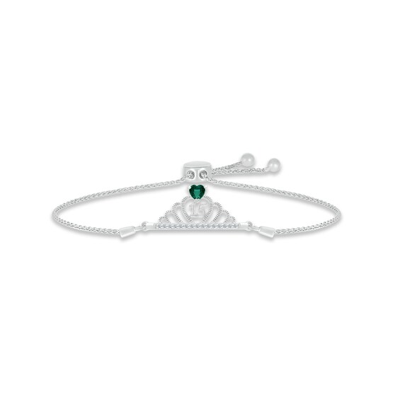 Lab-Created Emerald & White Lab-Created Sapphire Quinceañera Crown Bolo Bracelet Sterling Silver