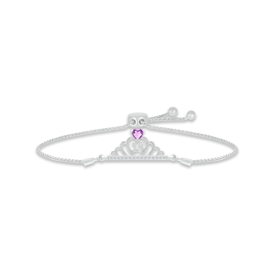 Amethyst & White Lab-Created Sapphire Quinceañera Crown Bolo Bracelet Sterling Silver