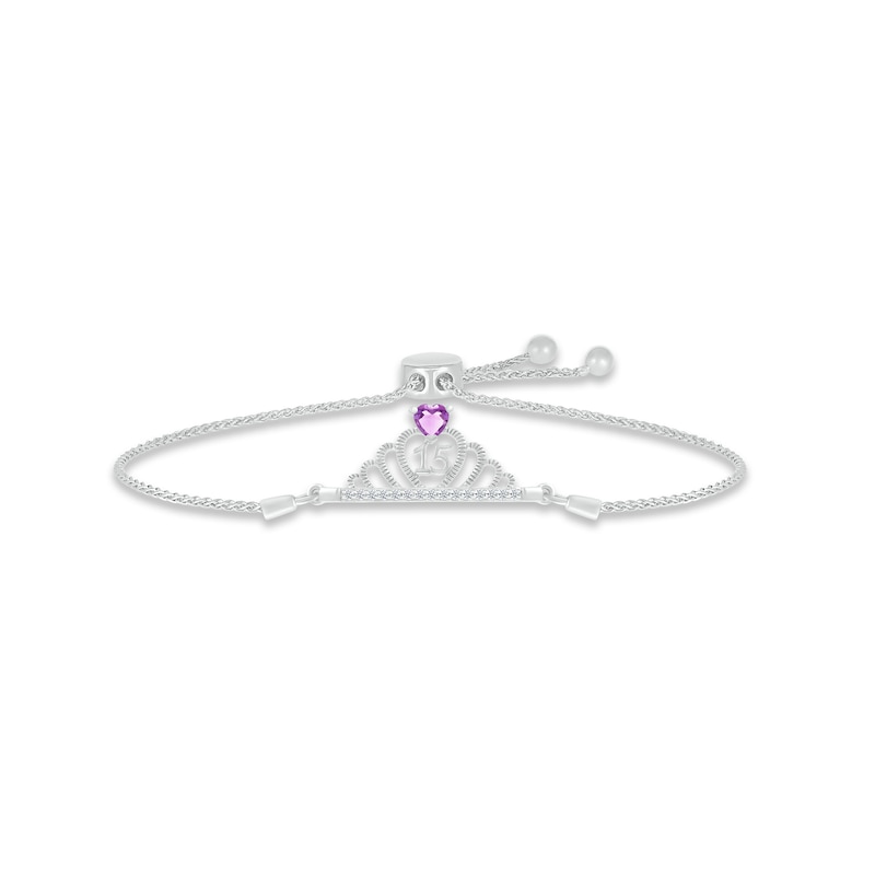 Amethyst & White Lab-Created Sapphire Quinceañera Crown Bolo Bracelet Sterling Silver