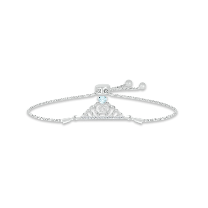 Aquamarine & White Lab-Created Sapphire Quinceañera Crown Bolo Bracelet Sterling Silver
