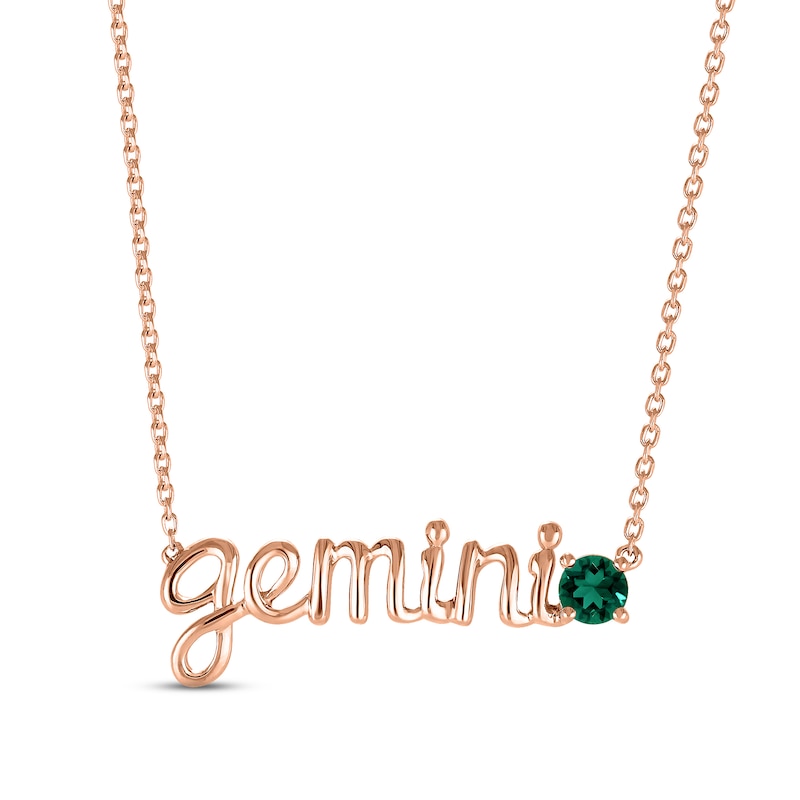 Main Image 1 of Lab-Created Emerald Zodiac Gemini Necklace 10K Rose Gold 18"