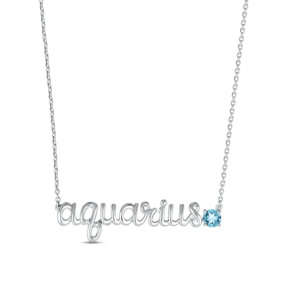 Swiss Blue Topaz Zodiac Aquarius Necklace 10K White Gold 18"