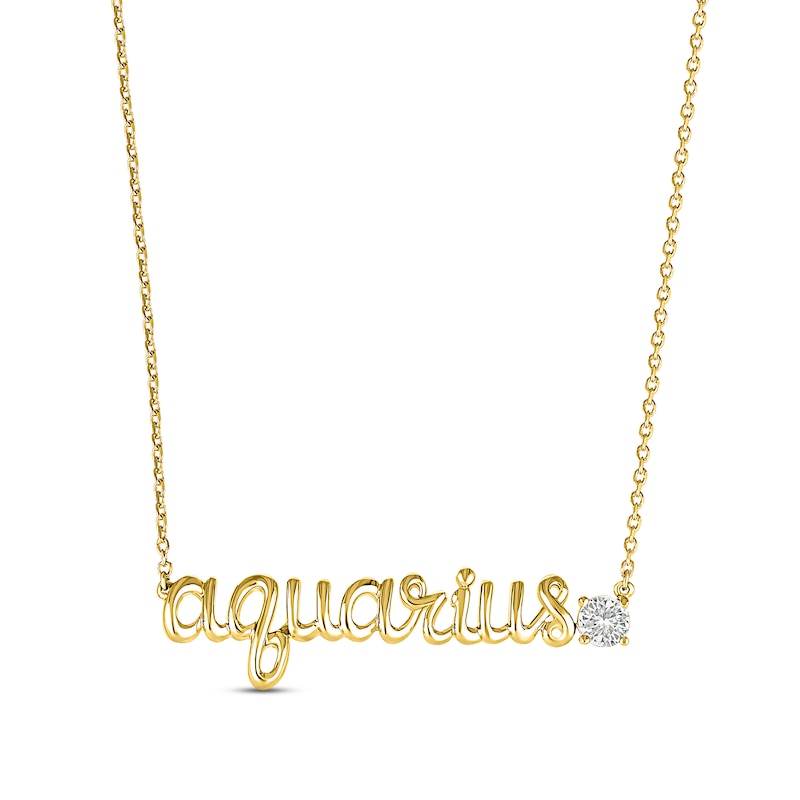 White Lab-Created Sapphire Zodiac Aquarius Necklace 10K Yellow Gold 18"