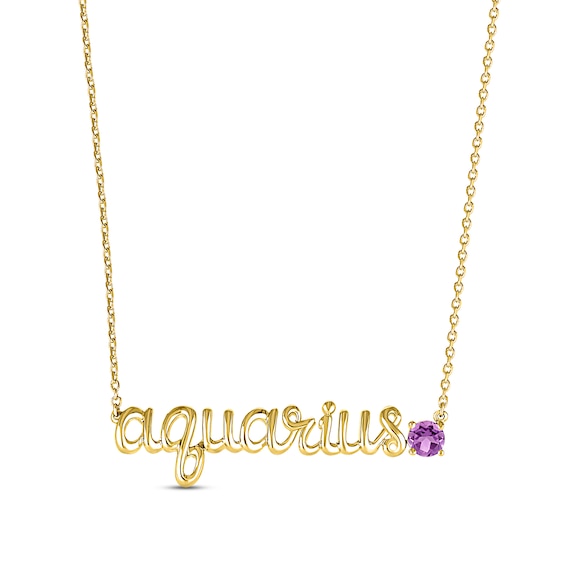 Amethyst Zodiac Aquarius Necklace 10K Yellow Gold 18"