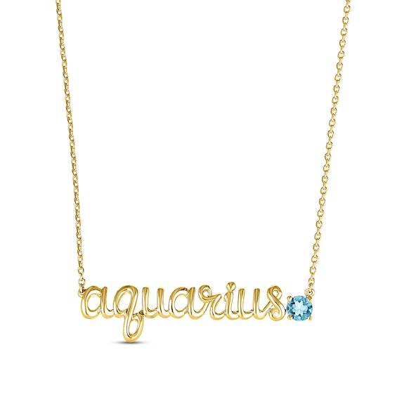 Swiss Blue Topaz Zodiac Aquarius Necklace 10K Yellow Gold 18"