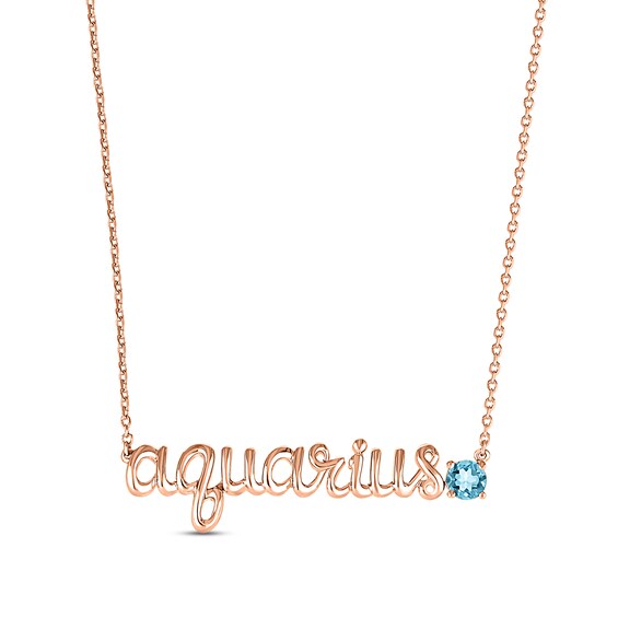 Swiss Blue Topaz Zodiac Aquarius Necklace 10K Rose Gold 18"