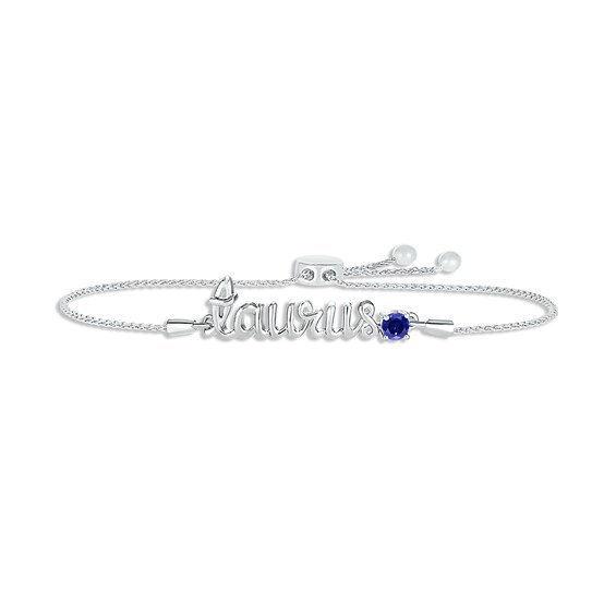 Blue Lab-Created Sapphire Zodiac Taurus Bolo Bracelet 10K White Gold 9.5"