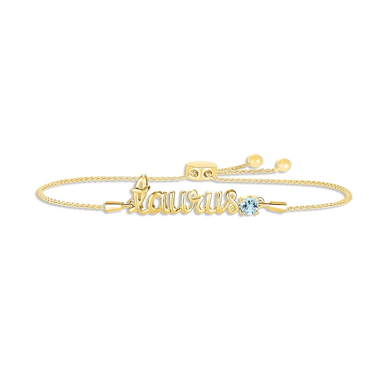 Aquamarine Zodiac Taurus Bolo Bracelet 10K Yellow Gold 9.5"