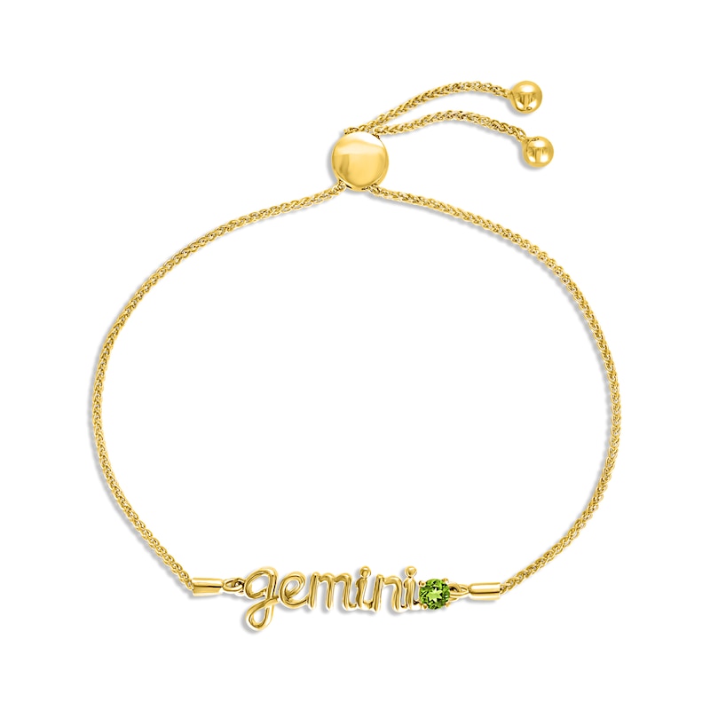 Peridot Zodiac Gemini Bolo Bracelet 10K Yellow Gold 9.5"