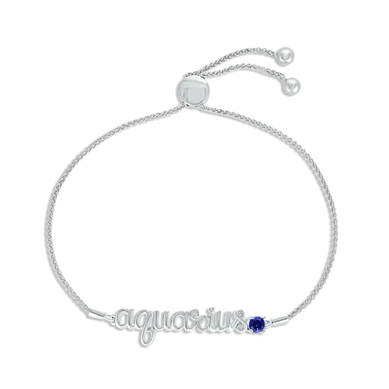 Blue Lab-Created Sapphire Zodiac Aquarius Bolo Bracelet 10K White Gold 9.5"