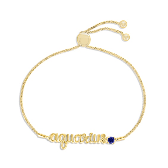 Blue Lab-Created Sapphire Zodiac Aquarius Bolo Bracelet 10K Yellow Gold 9.5"