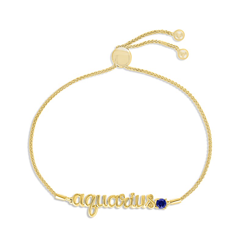 Main Image 1 of Blue Lab-Created Sapphire Zodiac Aquarius Bolo Bracelet 10K Yellow Gold 9.5"