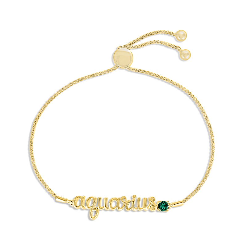 Main Image 1 of Lab-Created Emerald Zodiac Aquarius Bolo Bracelet 10K Yellow Gold 9.5&quot;