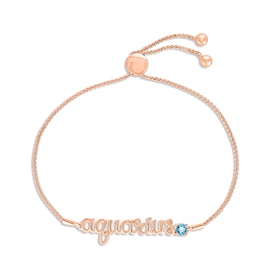 Swiss Blue Topaz Zodiac Aquarius Bolo Bracelet 10K Rose Gold 9.5"