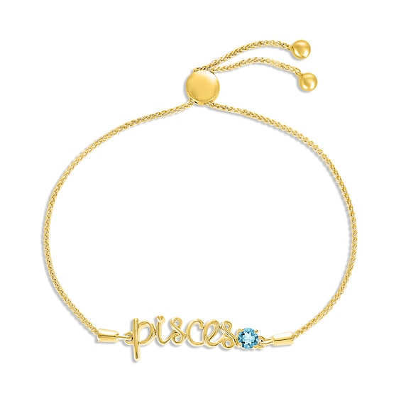 Swiss Blue Topaz Zodiac Pisces Bolo Bracelet 10K Yellow Gold 9.5"