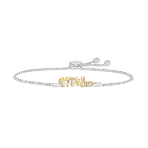 White Lab-Created Sapphire "Mrs." Bolo Bracelet Sterling Silver & 10K Yellow Gold 9.5"
