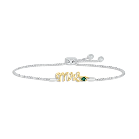 Lab-Created Emerald "Mrs." Bolo Bracelet Sterling Silver & 10K Yellow Gold 9.5"