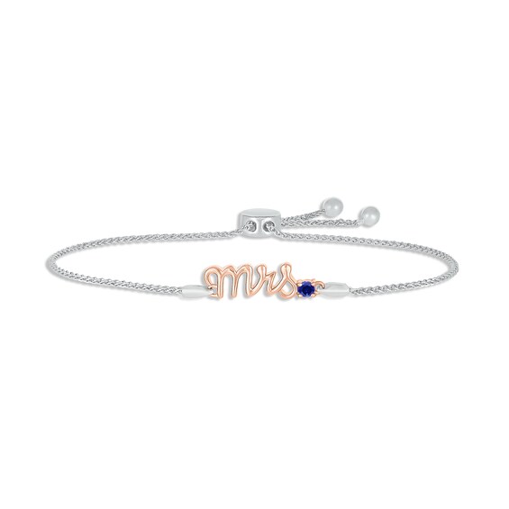 Blue Lab-Created Sapphire "Mrs." Bolo Bracelet Sterling Silver & 10K Rose Gold 9.5"