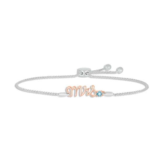 Swiss Blue Topaz "Mrs." Bolo Bracelet Sterling Silver & 10K Rose Gold 9.5"