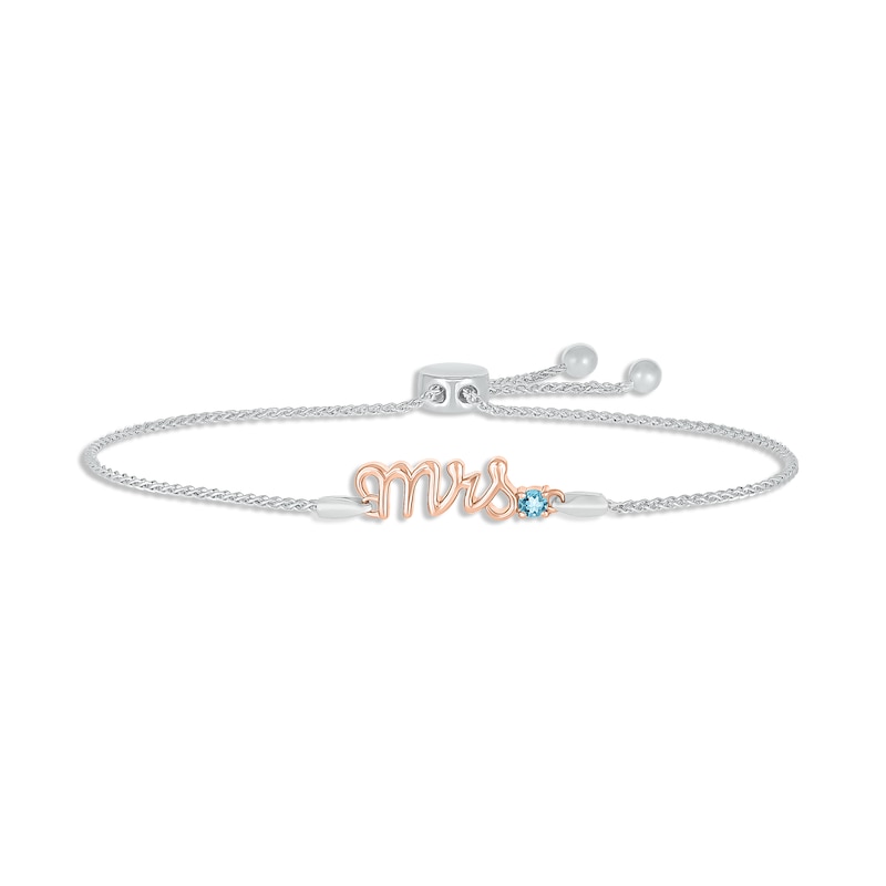 Main Image 1 of Swiss Blue Topaz "Mrs." Bolo Bracelet Sterling Silver & 10K Rose Gold 9.5"