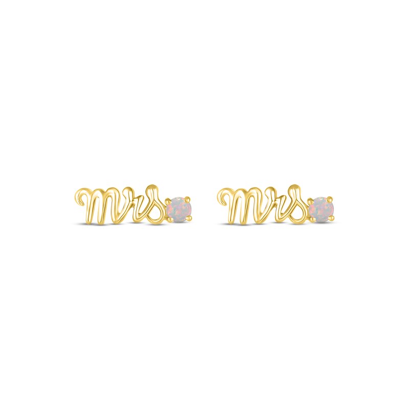 Main Image 2 of Lab-Created Opal &quot;Mrs.&quot; Earrings 10K Yellow Gold