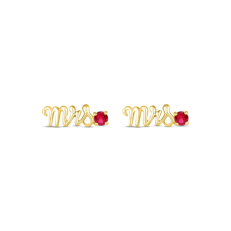 Lab-Created Ruby "Mrs." Earrings 10K Yellow Gold