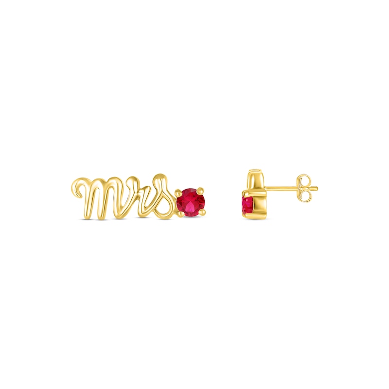 Lab-Created Ruby "Mrs." Earrings 10K Yellow Gold