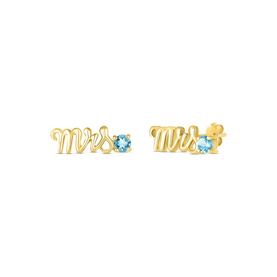 Swiss Blue Topaz "Mrs." Earrings 10K Yellow Gold