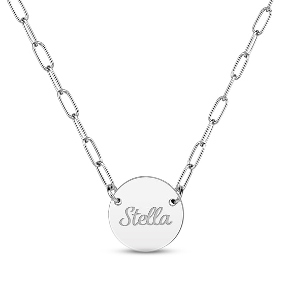 Paperclip Disc Script Name Necklace Sterling Silver 18"
