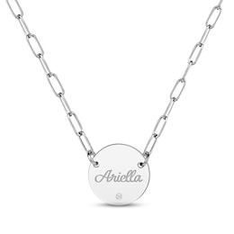 Diamond Paperclip Disc Script Name Necklace Sterling Silver 18"