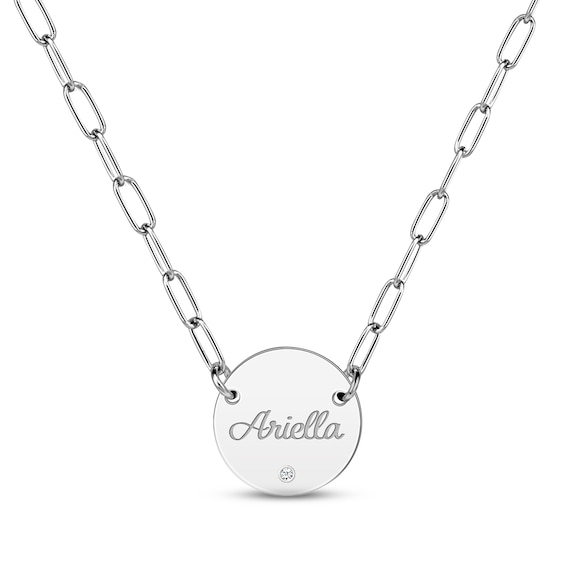 Diamond Paperclip Disc Script Name Necklace Sterling Silver 18"