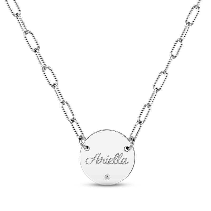 Main Image 1 of Diamond Paperclip Disc Script Name Necklace Sterling Silver 18"