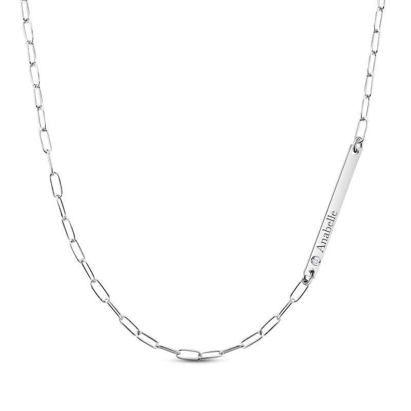 Diamond Paperclip Side Bar Name Necklace Sterling Silver 18"