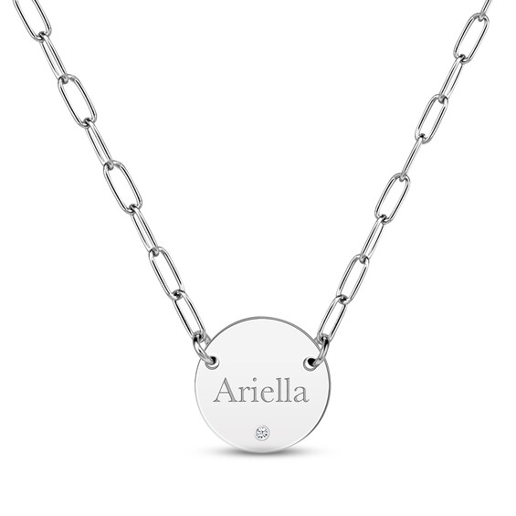 Diamond Paperclip Disc Name Necklace Sterling Silver 18"