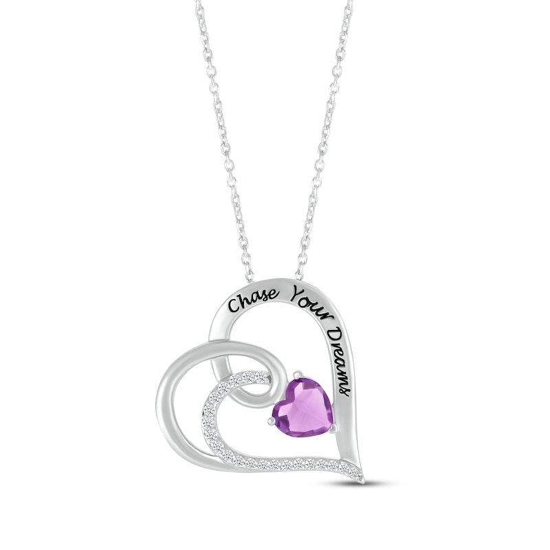 Main Image 1 of Heart-Shaped Amethyst & Round-Cut White Lab-Created Sapphire Heart Necklace Sterling Silver 18”