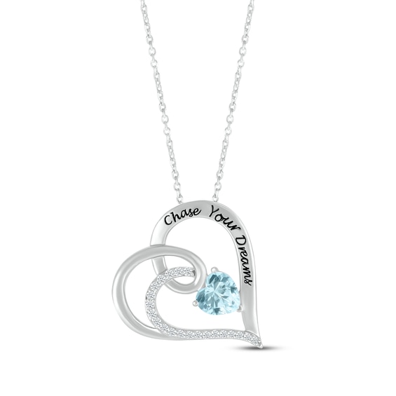 Heart-Shaped Aquamarine & Round-Cut White Lab-Created Sapphire Heart Necklace Sterling Silver 18”