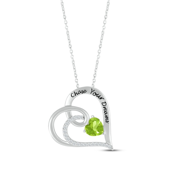 Heart-Shaped Peridot & Round-Cut White Lab-Created Sapphire Heart Necklace Sterling Silver 18”