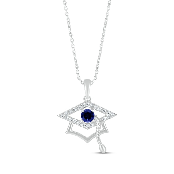 Round-Cut Blue & White Lab-Created Sapphire Graduation Cap Necklace Sterling Silver 18”